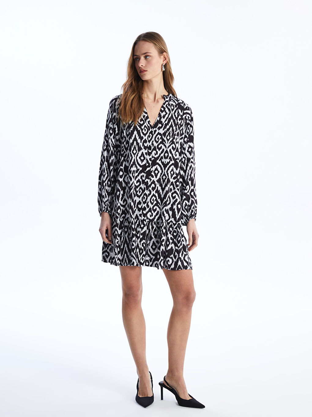 Notch Neck Patterned Long Sleeve Women's Shirt Dress -S4AH61Z8-LQJ