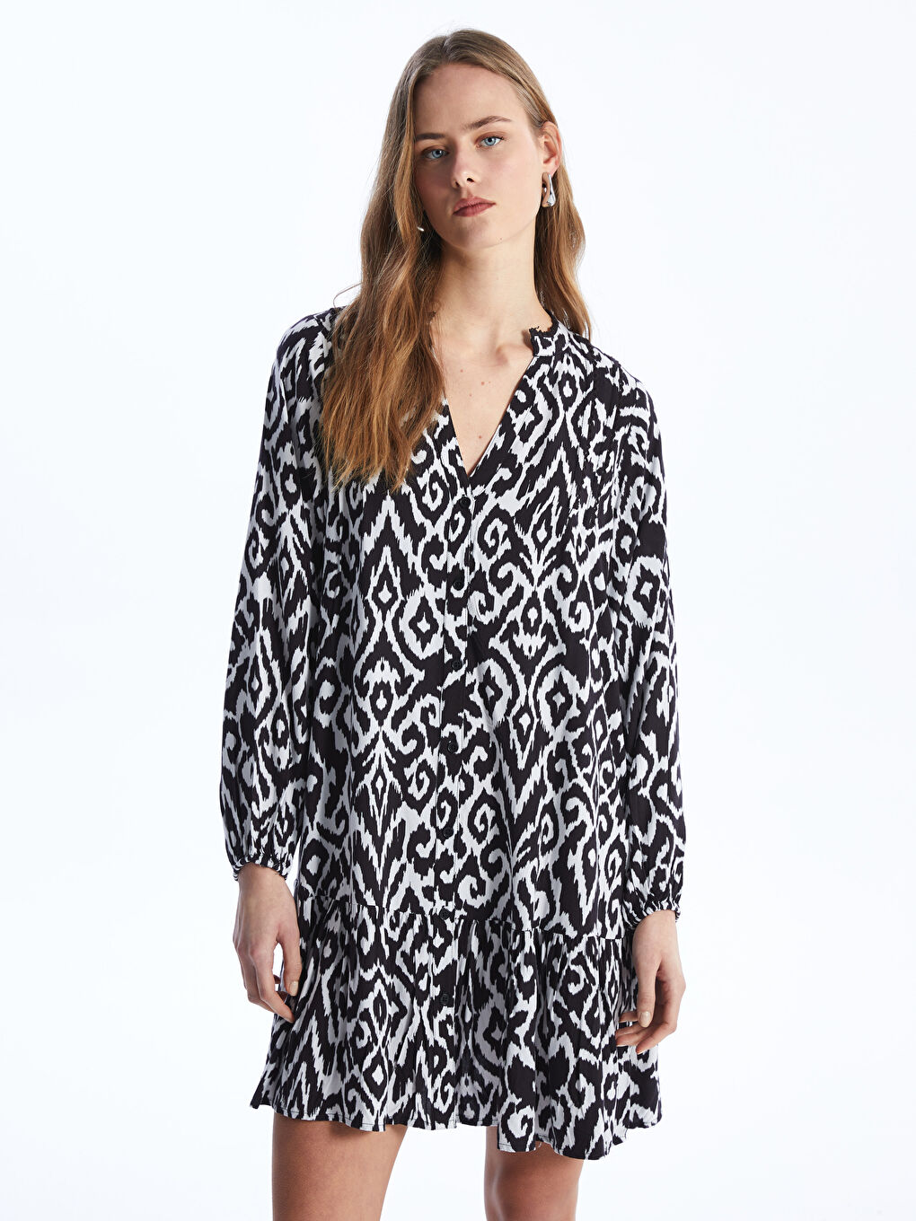 Notch Neck Patterned Long Sleeve Women's Shirt Dress -S4AH61Z8-LQJ