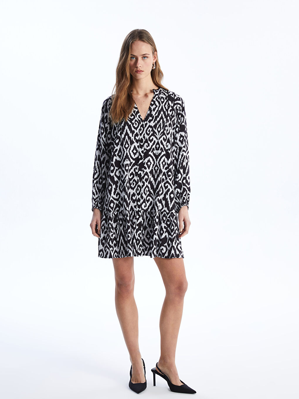 Notch Neck Patterned Long Sleeve Women's Shirt Dress -S4AH61Z8-LQJ
