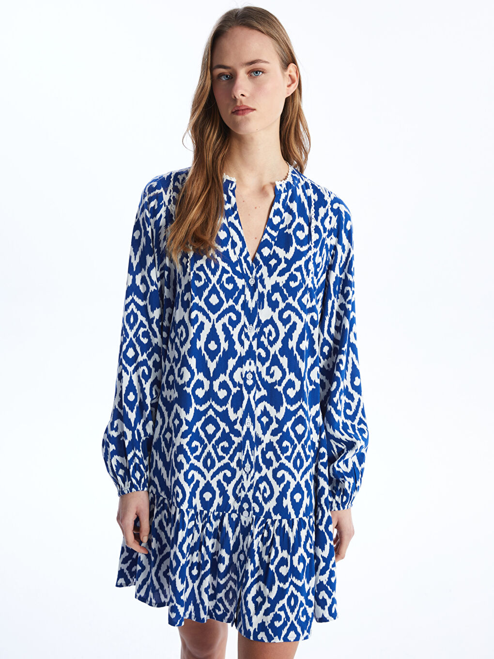 Notch Neck Patterned Long Sleeve Women's Shirt Dress -S4AH61Z8-LQQ