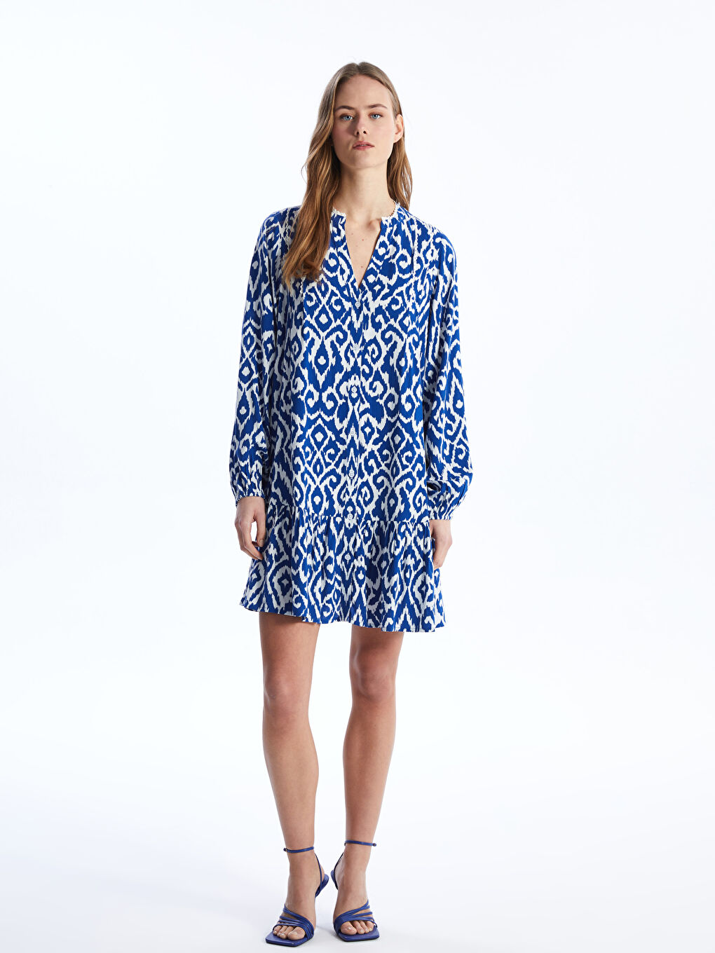 Notch Neck Patterned Long Sleeve Women's Shirt Dress -S4AH61Z8-LQQ