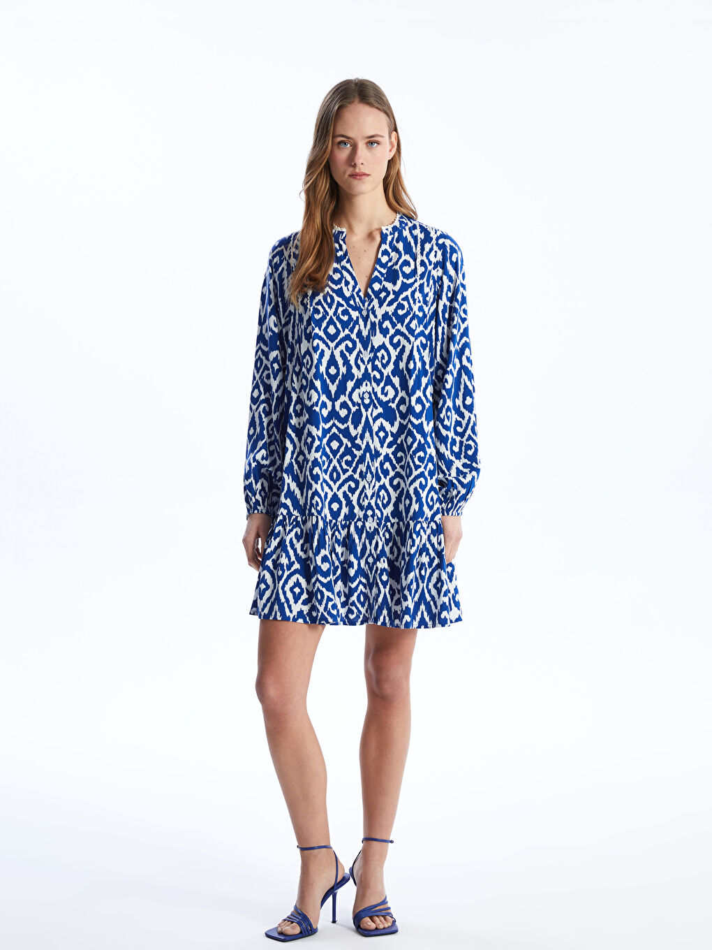 Notch Neck Patterned Long Sleeve Women's Shirt Dress -S4AH61Z8-LQQ