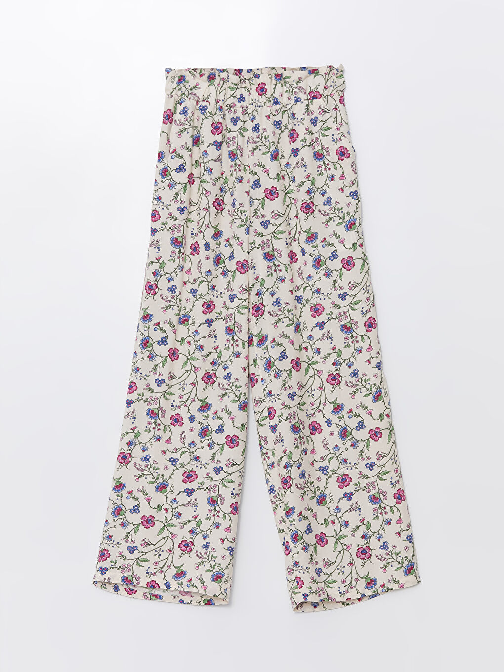 Ekru Beli Lastikli Wideleg Çiçekli Kız Çocuk Pantolon