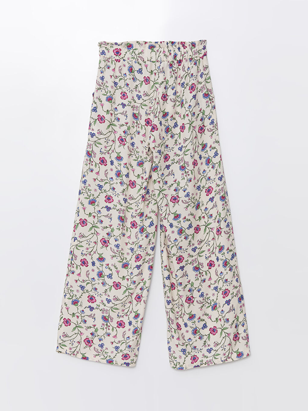 Ekru Beli Lastikli Wideleg Çiçekli Kız Çocuk Pantolon-1