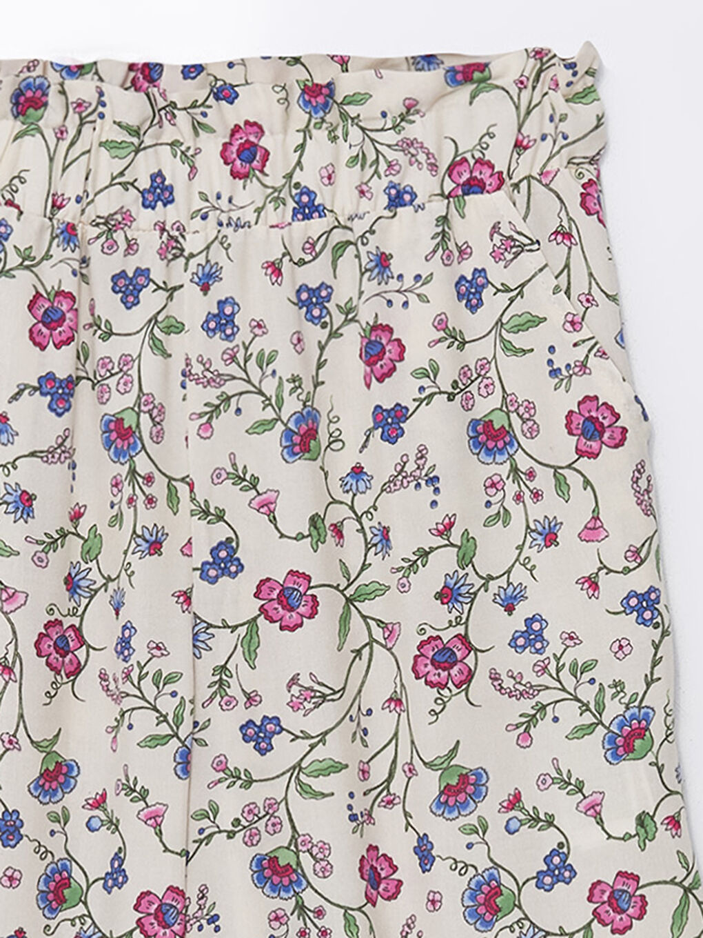Ekru Beli Lastikli Wideleg Çiçekli Kız Çocuk Pantolon-2