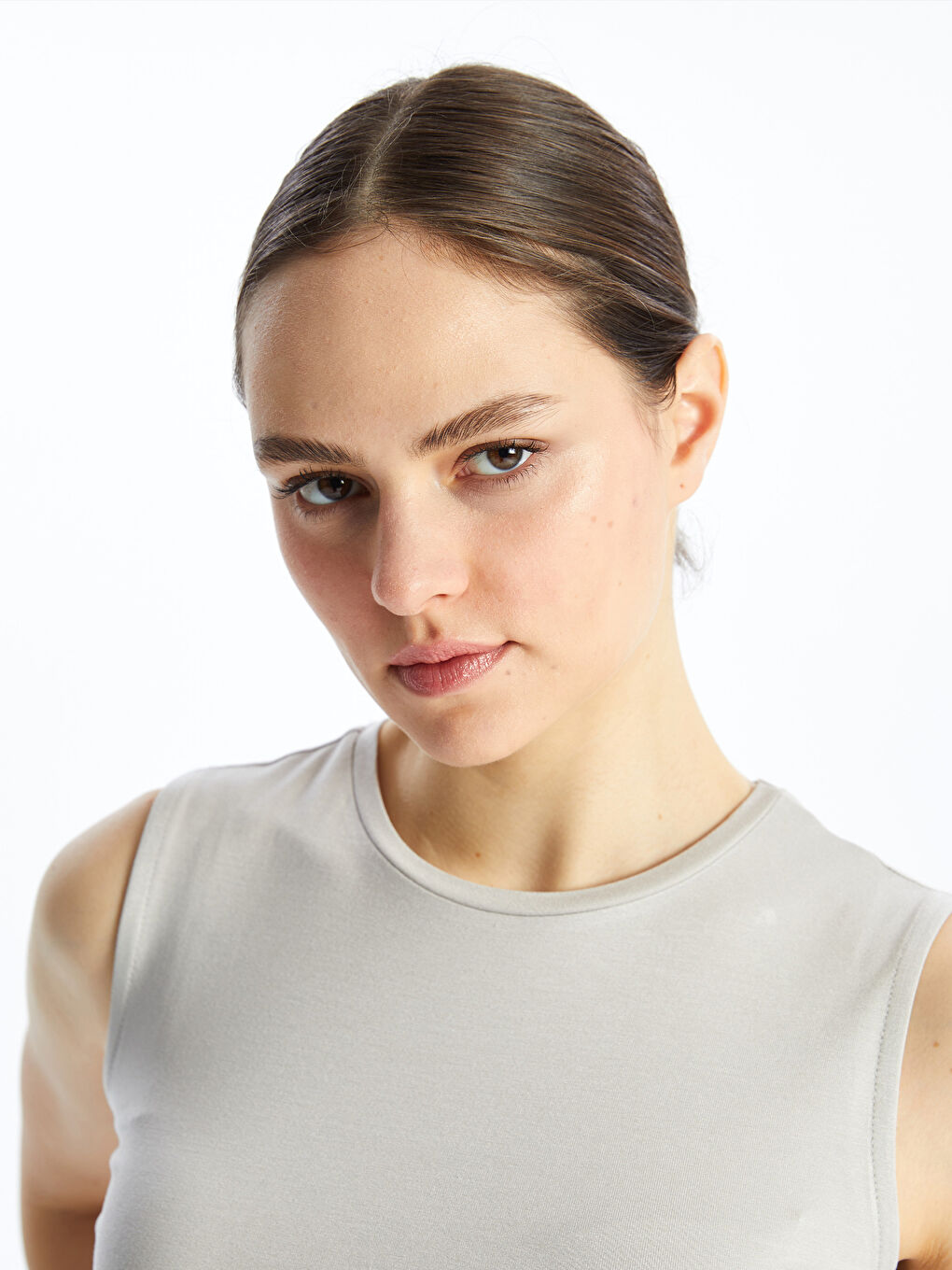 Gri Kadın Bisiklet Yaka Düz Atlet