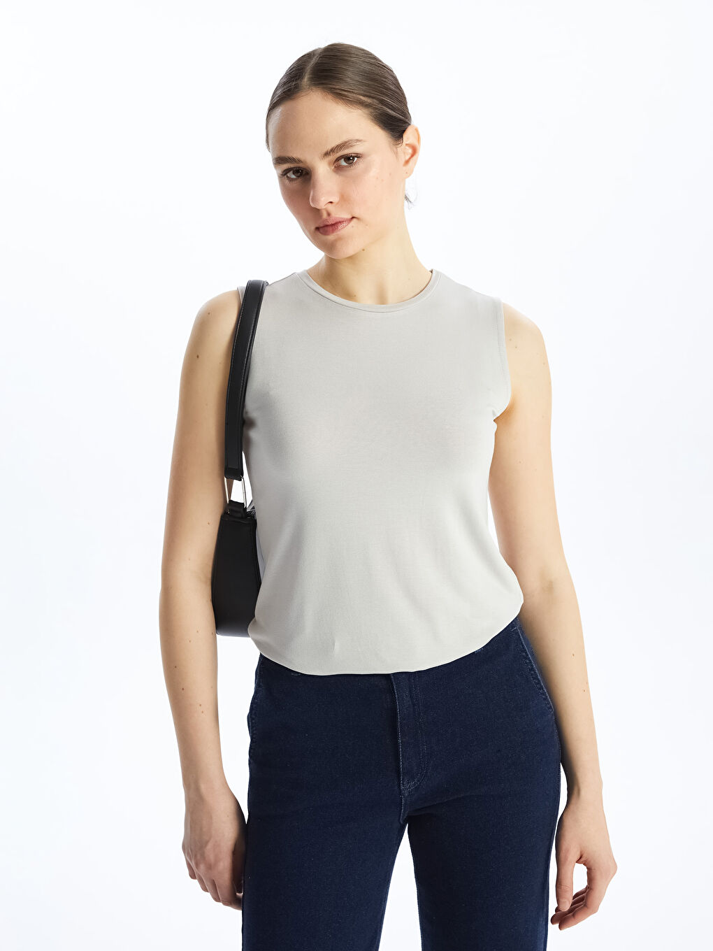 Gri Kadın Bisiklet Yaka Düz Atlet-1