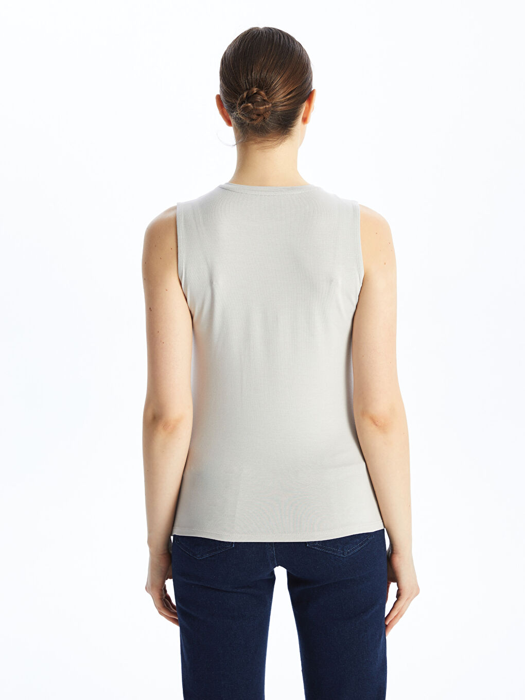 Gri Kadın Bisiklet Yaka Düz Atlet-4