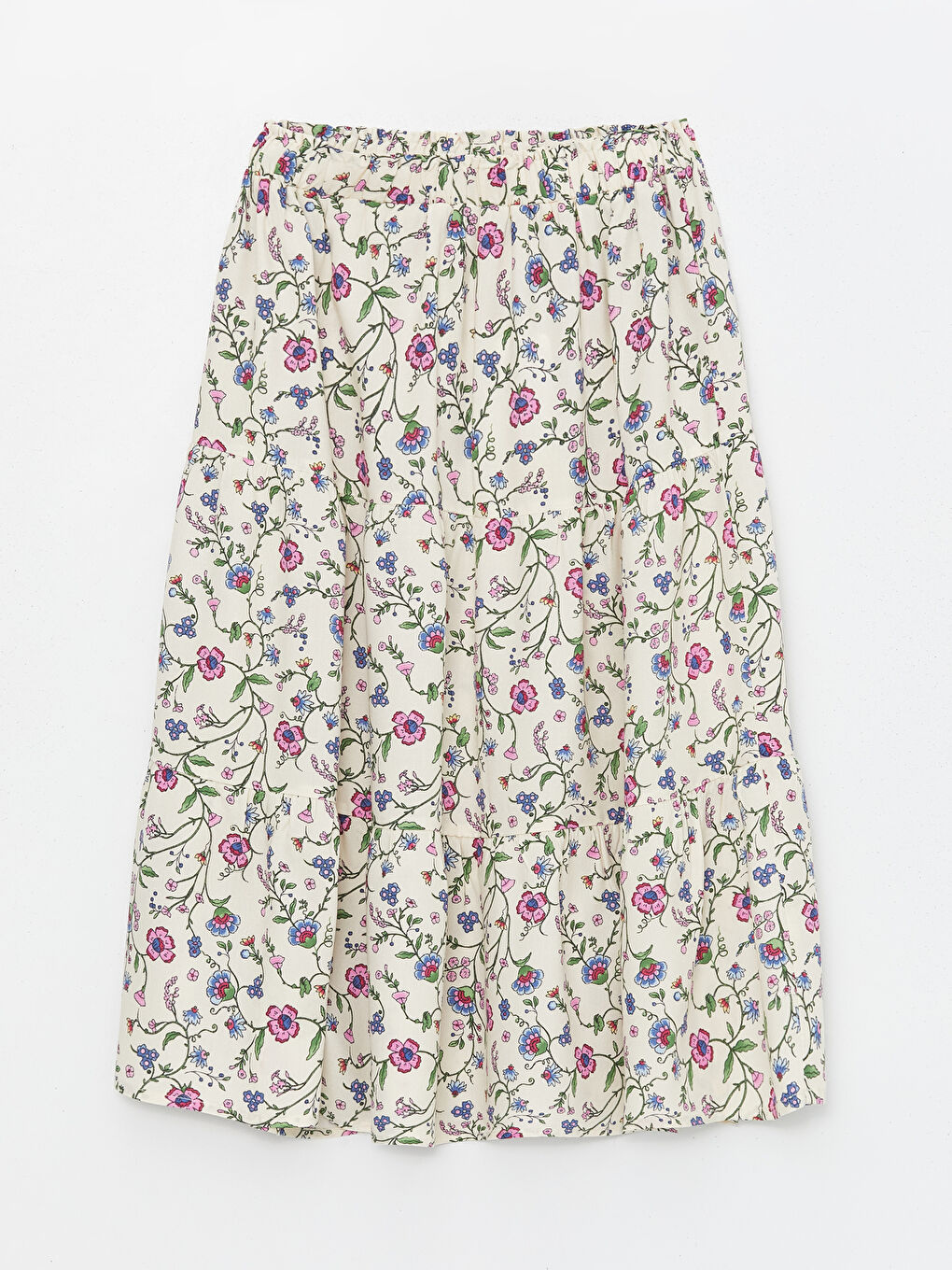 Ekru Beli Lastikli Çiçekli Kız Çocuk Etek