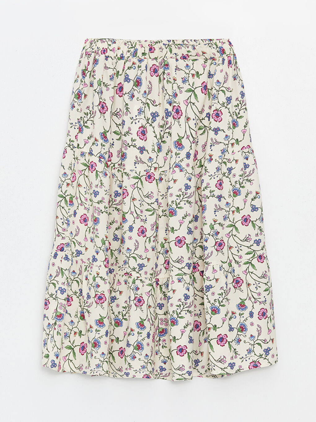 Ekru Beli Lastikli Çiçekli Kız Çocuk Etek-1