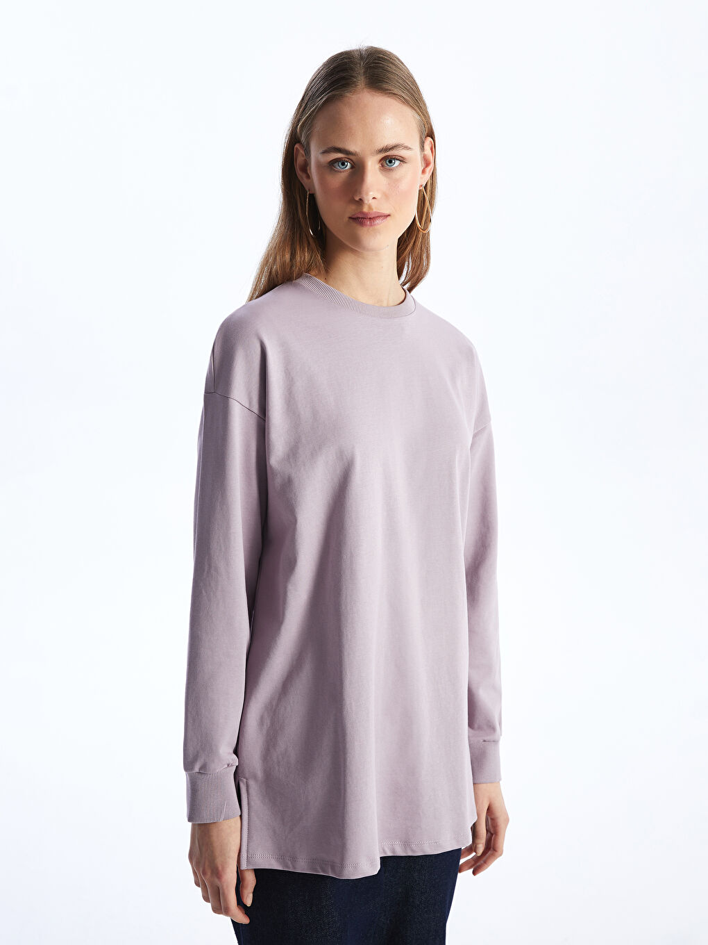 LCWAIKIKI Basic Lila Bisiklet Yaka Düz Oversize Kadın Sweatshirt Tunik