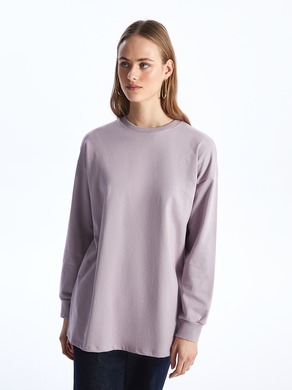 LCWAIKIKI Basic Lila Bisiklet Yaka Düz Oversize Kadın Sweatshirt Tunik - 1