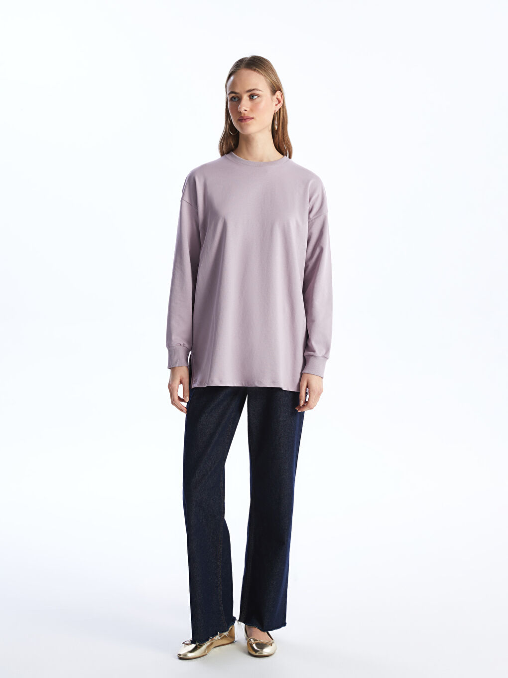 LCWAIKIKI Basic Lila Bisiklet Yaka Düz Oversize Kadın Sweatshirt Tunik - 2