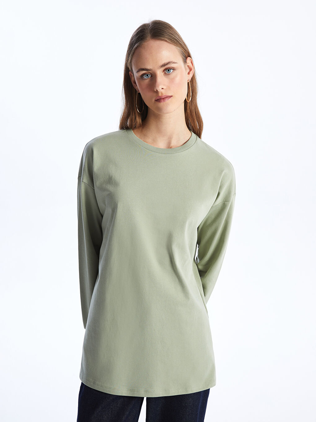 LCWAIKIKI Basic Yeşil Bisiklet Yaka Düz Oversize Kadın Sweatshirt Tunik