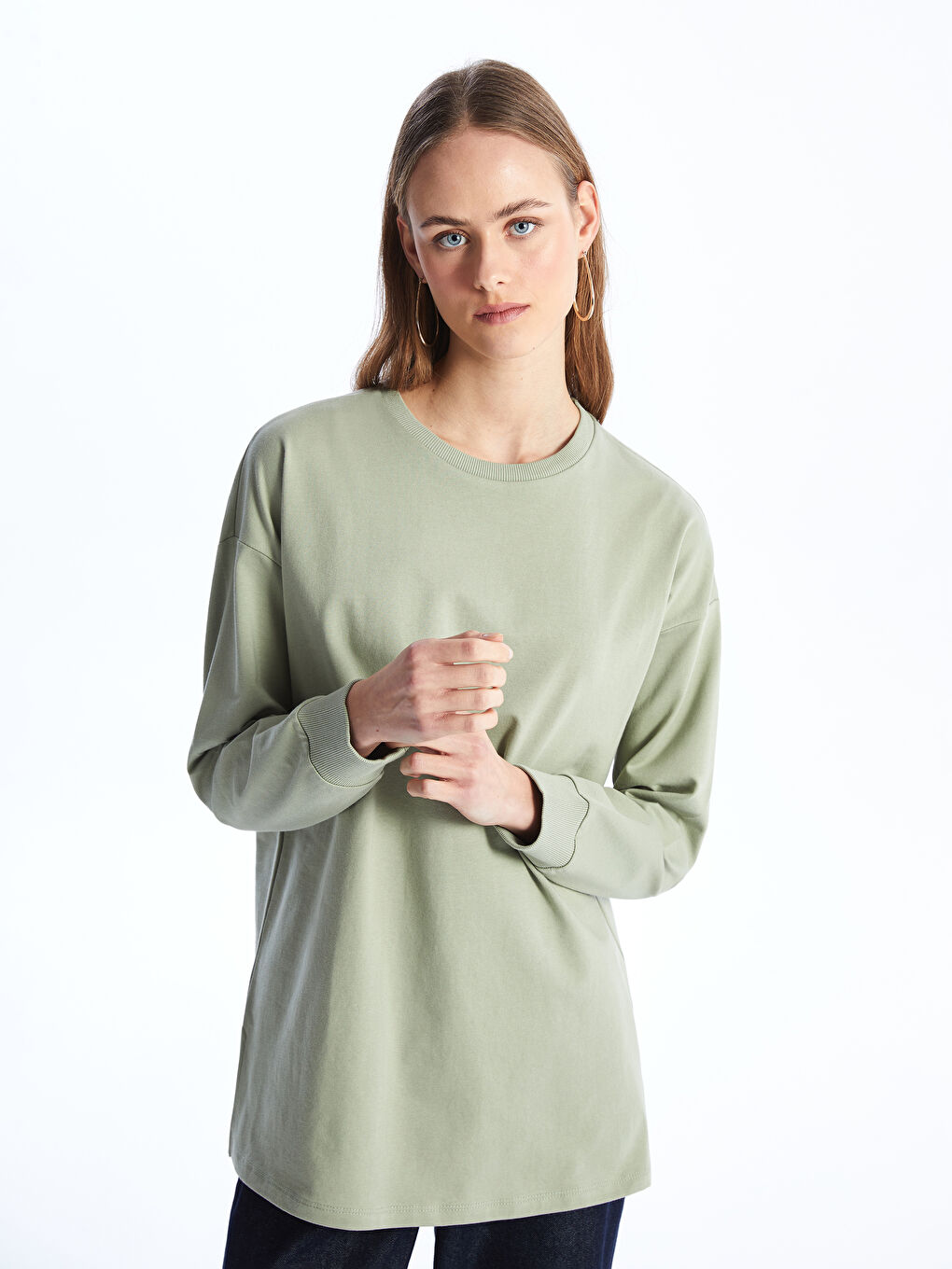 LCWAIKIKI Basic Yeşil Bisiklet Yaka Düz Oversize Kadın Sweatshirt Tunik - 2