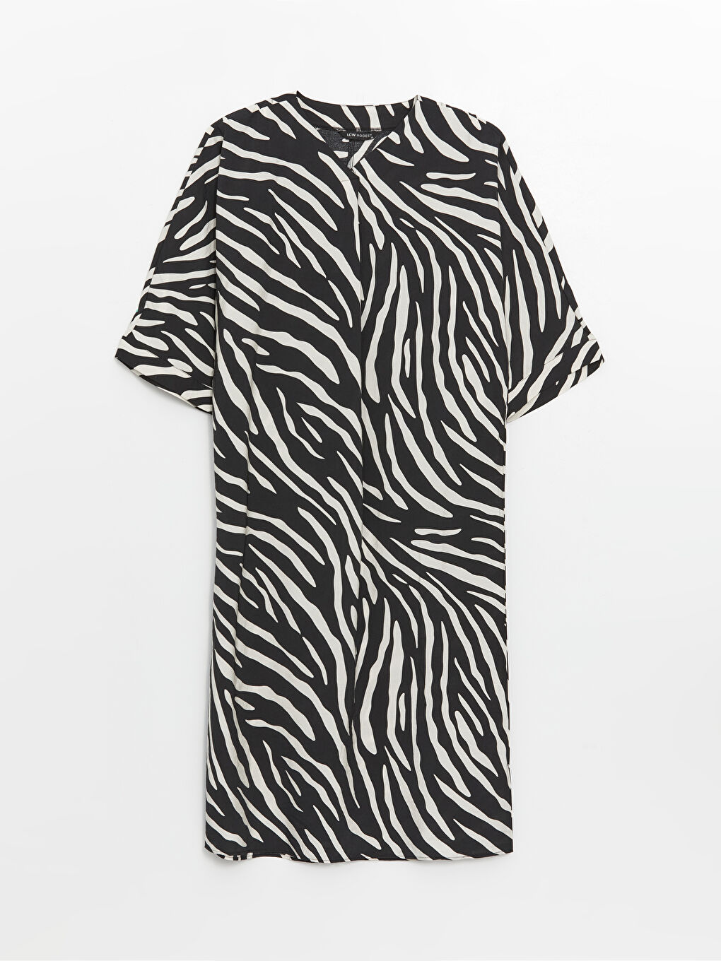 Siyah V Yaka Desenli Oversize Kadın Elbise-5