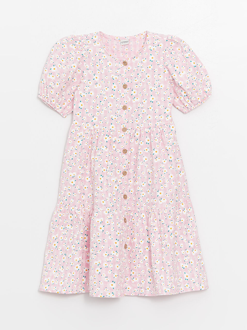 Pembe Bisiklet Yaka Çiçekli Kız Çocuk Elbise