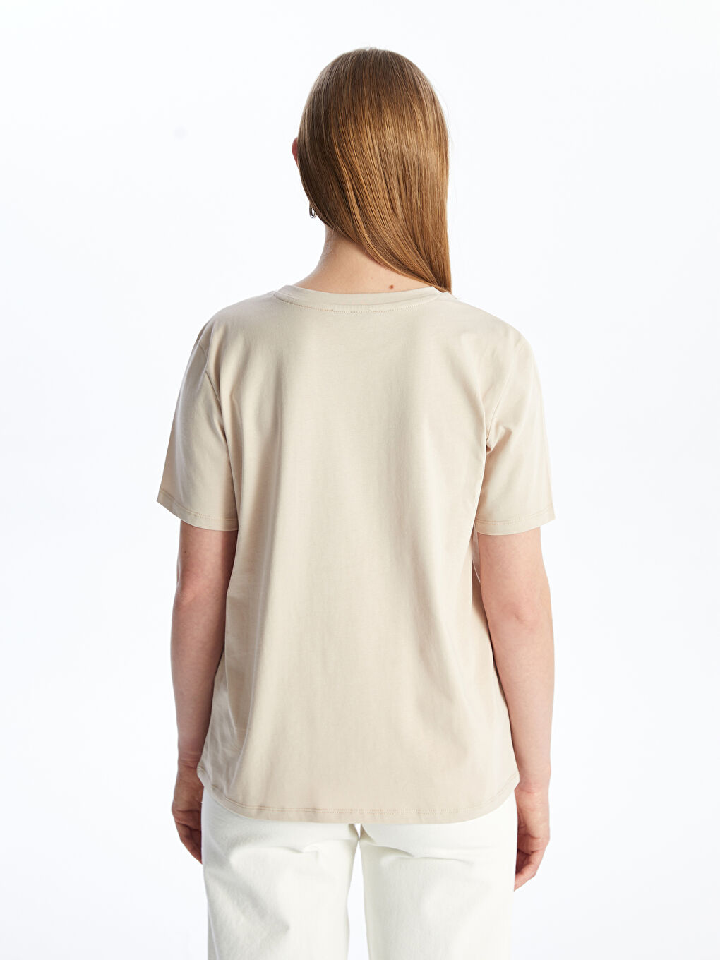 Bej Bisiklet Yaka Düz Kısa Kollu Kadın Tişört-4