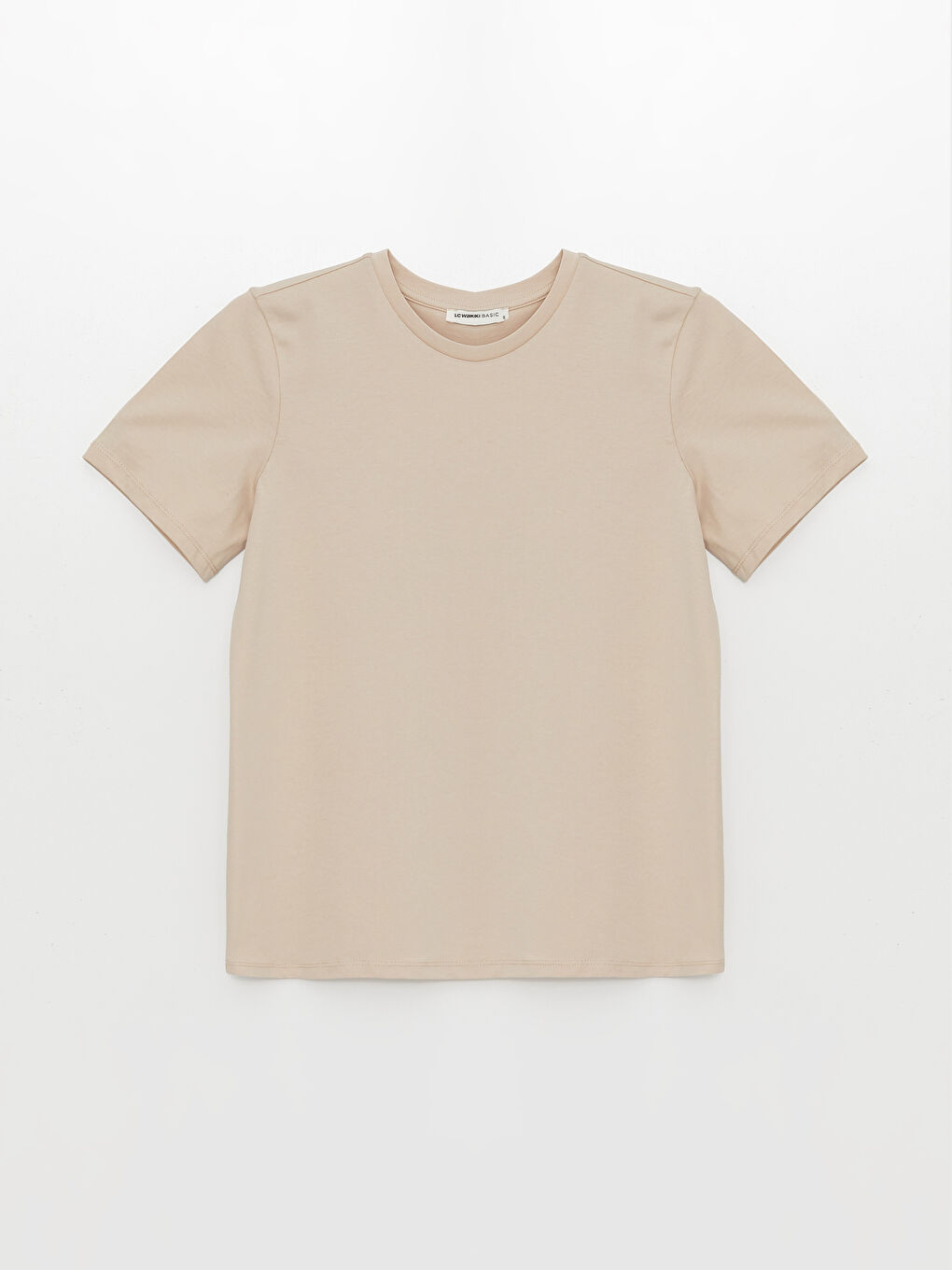 Bej Bisiklet Yaka Düz Kısa Kollu Kadın Tişört-5