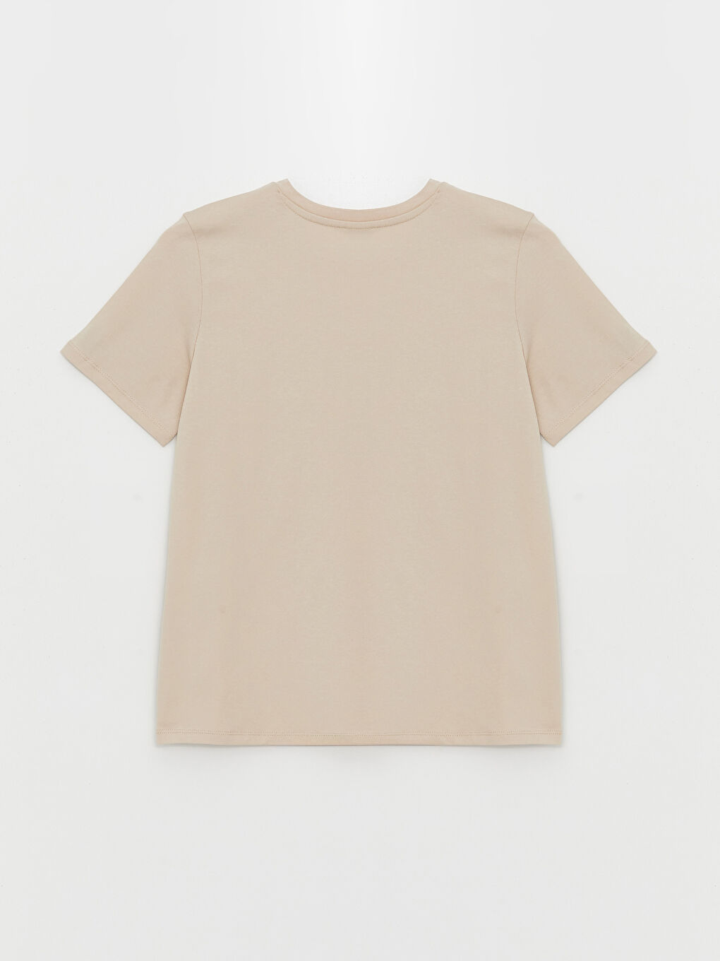 Bej Bisiklet Yaka Düz Kısa Kollu Kadın Tişört-6