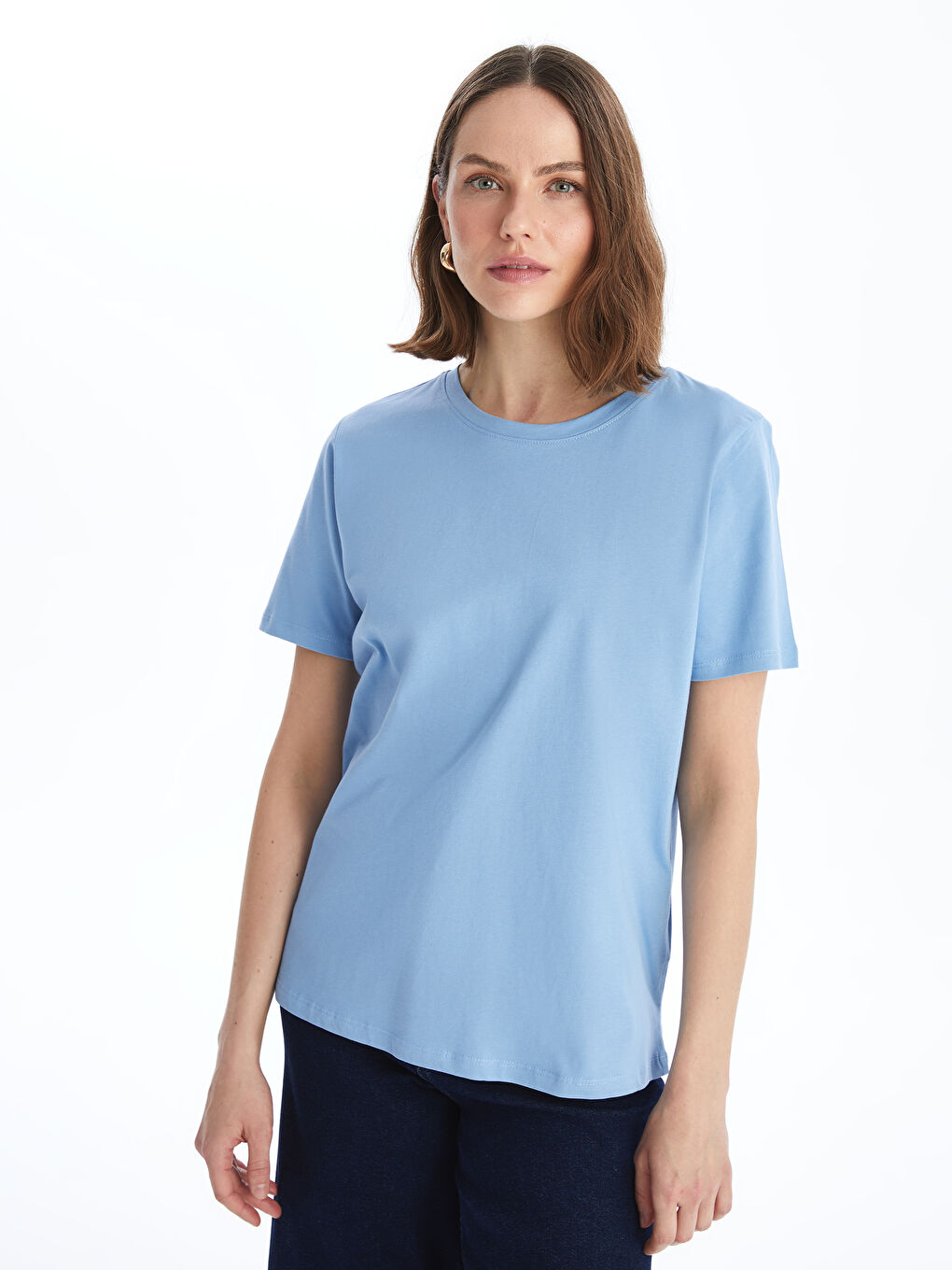 تي شيرت سادة بياقة دائرية بأكمام قصيرة للسيدات-1