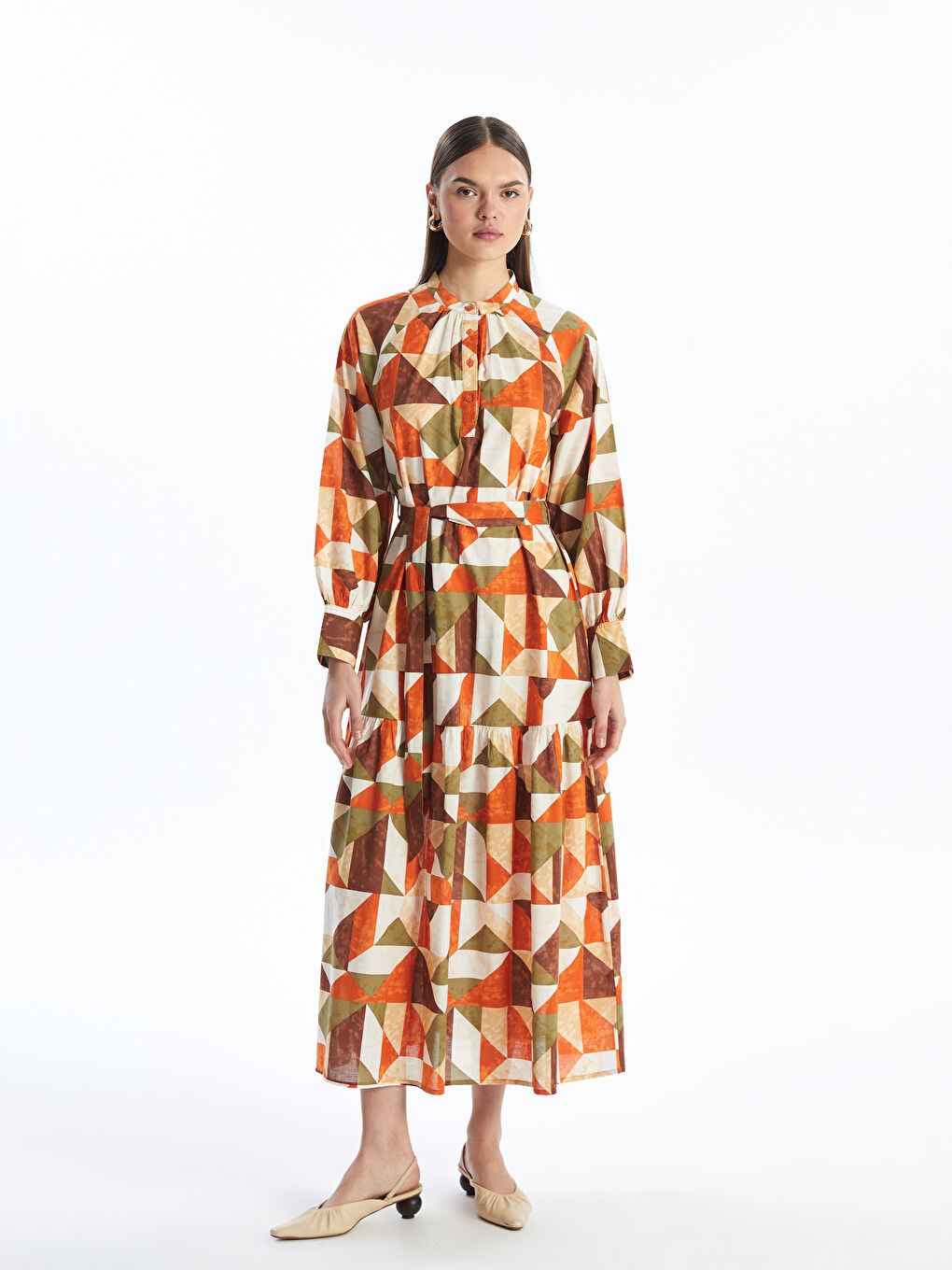 فستان قميص نسائي بأكمام طويلة منقوش-1