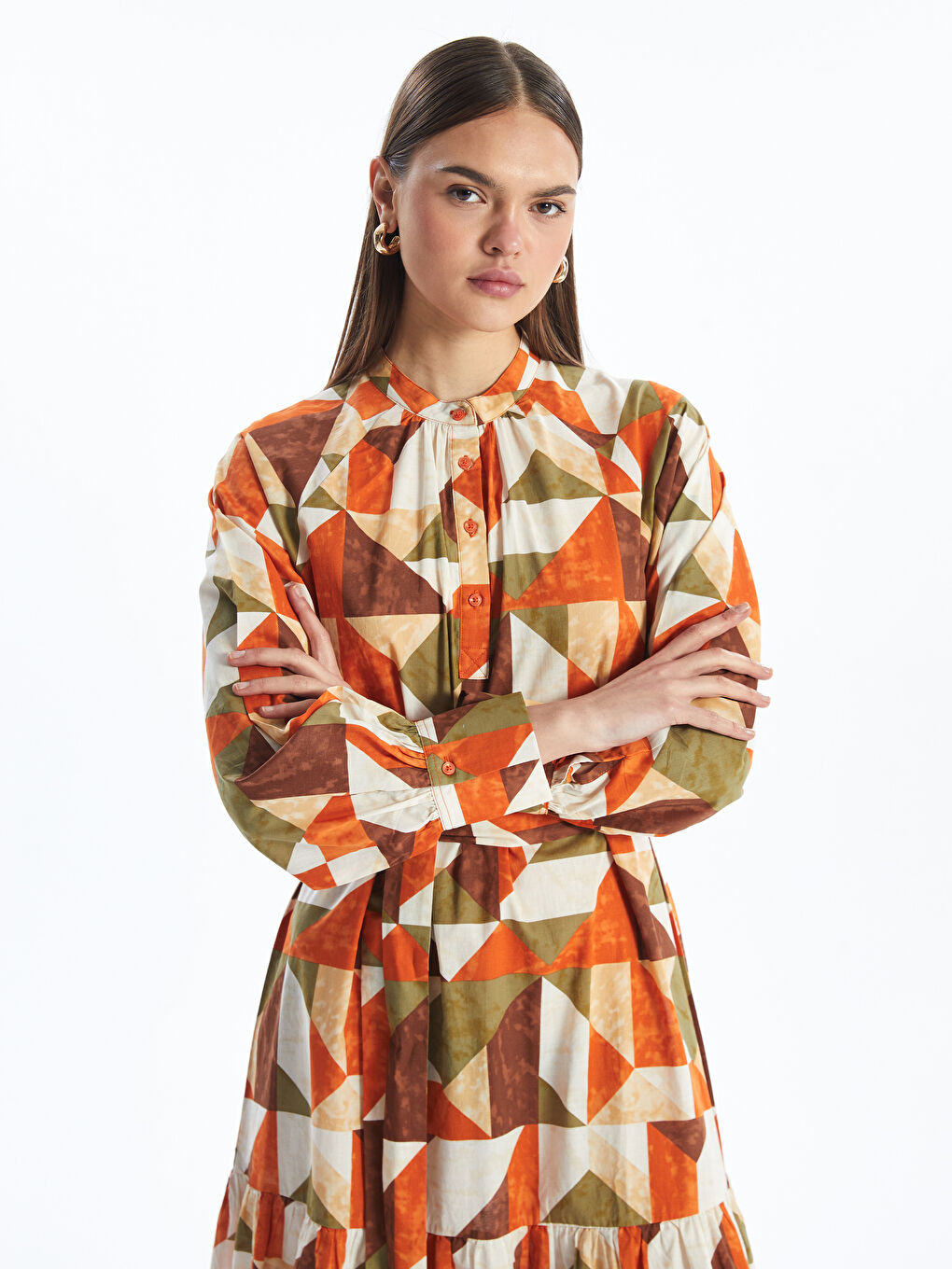 فستان قميص نسائي بأكمام طويلة منقوش-3