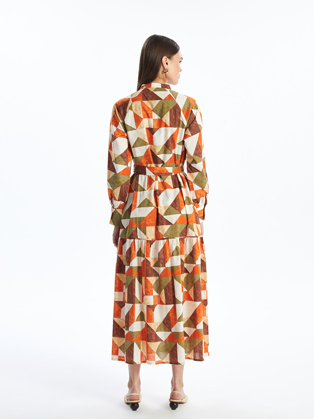 فستان قميص نسائي بأكمام طويلة منقوش-4