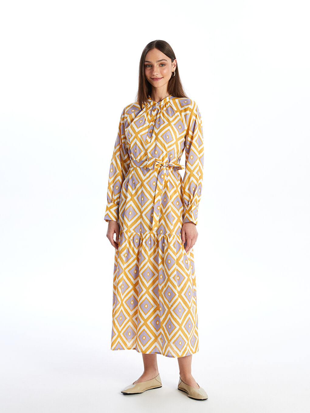 LCW Modest Patterned Long Sleeve Women's Shirt Dress -S4AJ43Z8-LU9