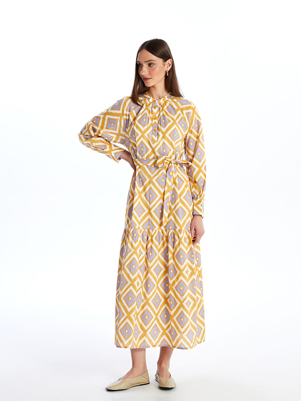 LCW Modest Patterned Long Sleeve Women's Shirt Dress -S4AJ43Z8-LU9