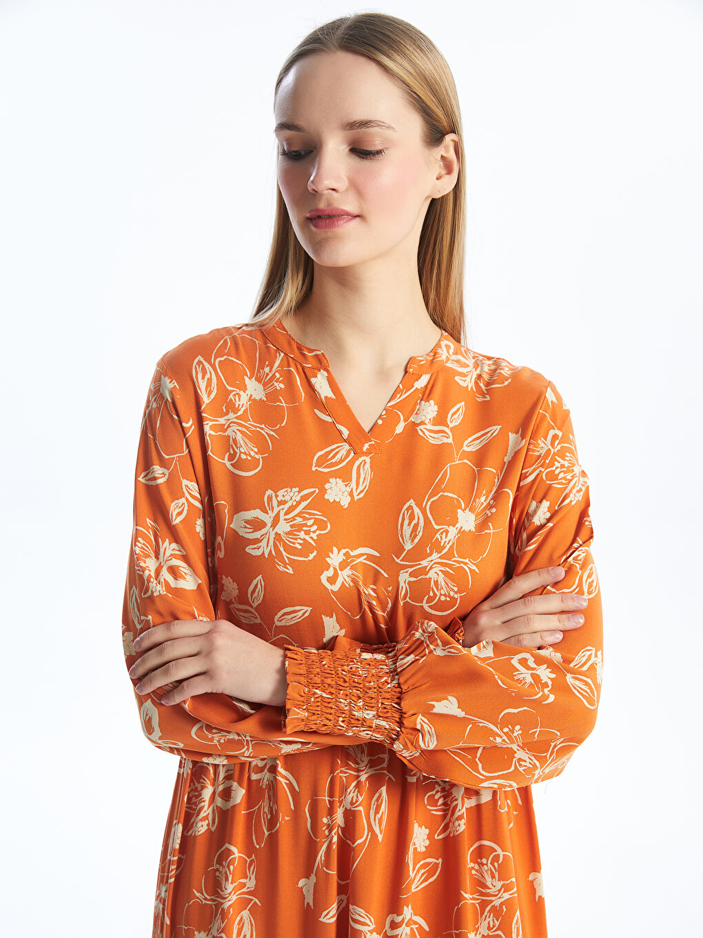 Notch Neck Patterned Long Sleeve Women's Dress-1