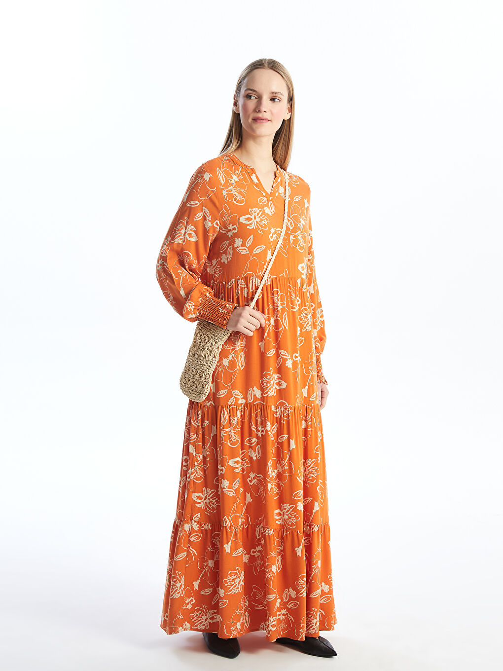 Notch Neck Patterned Long Sleeve Women's Dress-2