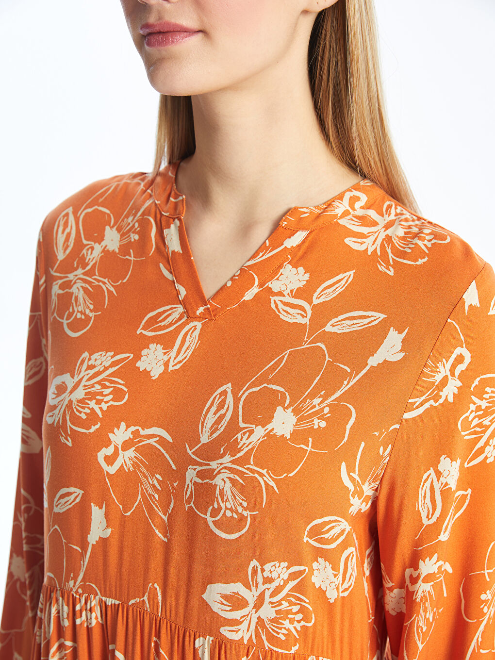 Notch Neck Patterned Long Sleeve Women's Dress-3