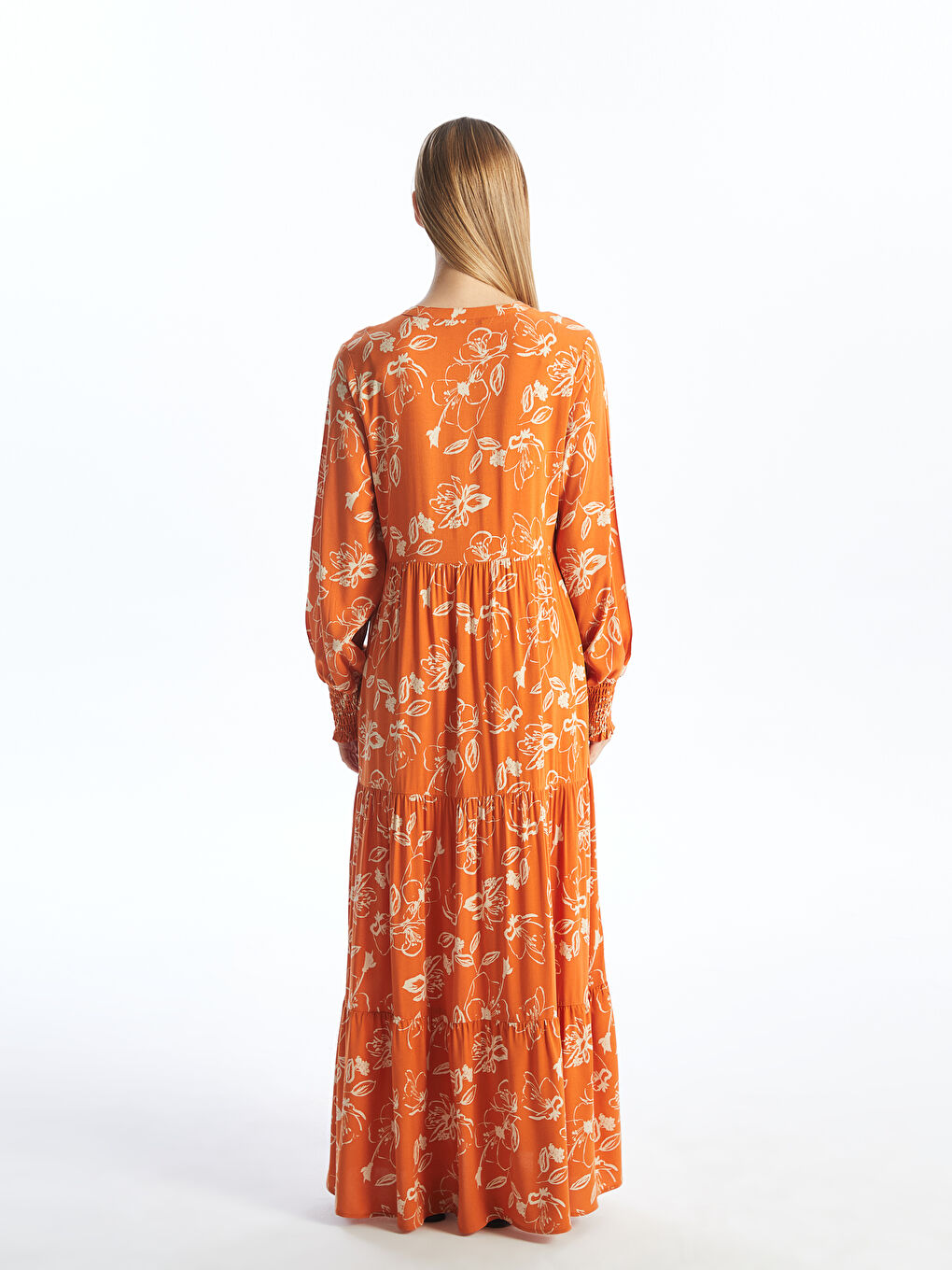 Notch Neck Patterned Long Sleeve Women's Dress-4