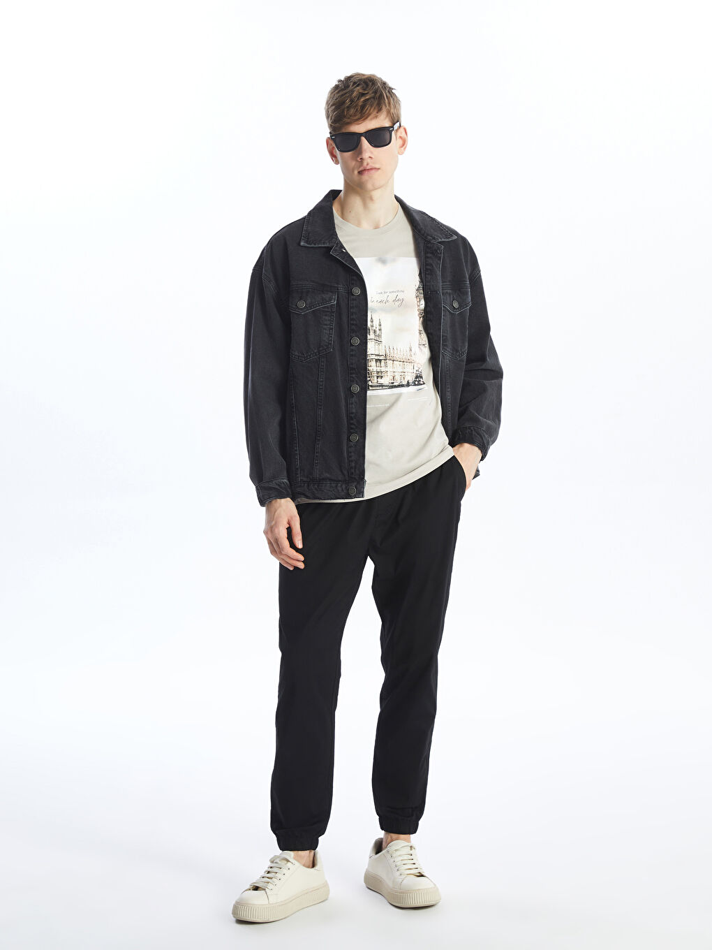 Siyah Standart Kalıp Poplin Erkek Jogger Pantolon-1