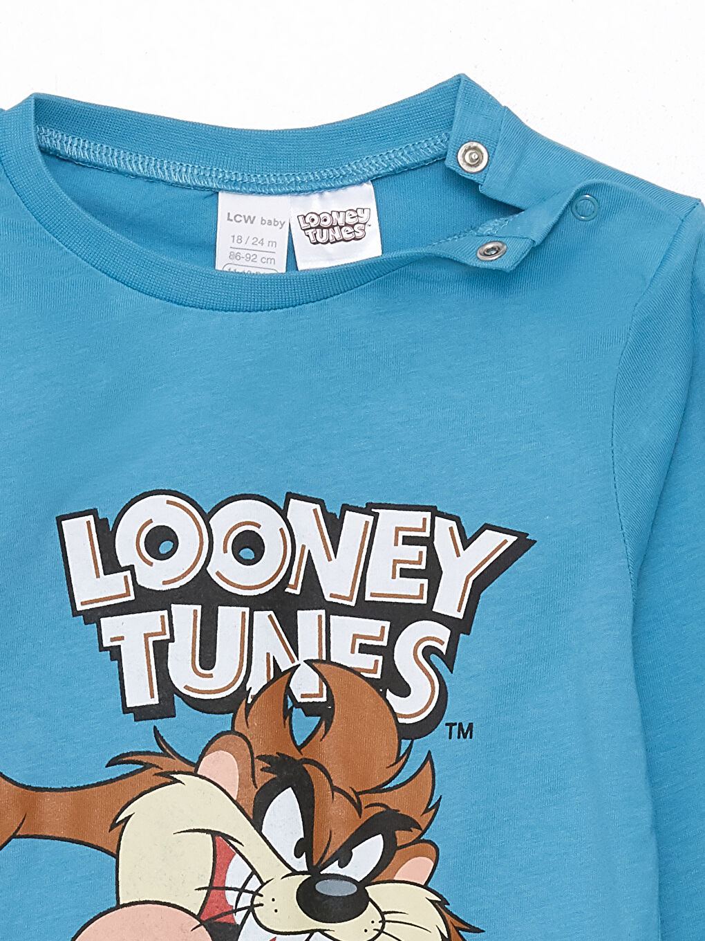 Mavi Bisiklet Yaka Uzun Kollu Tazmanya Canavarı Baskılı Erkek Bebek Tişört-1