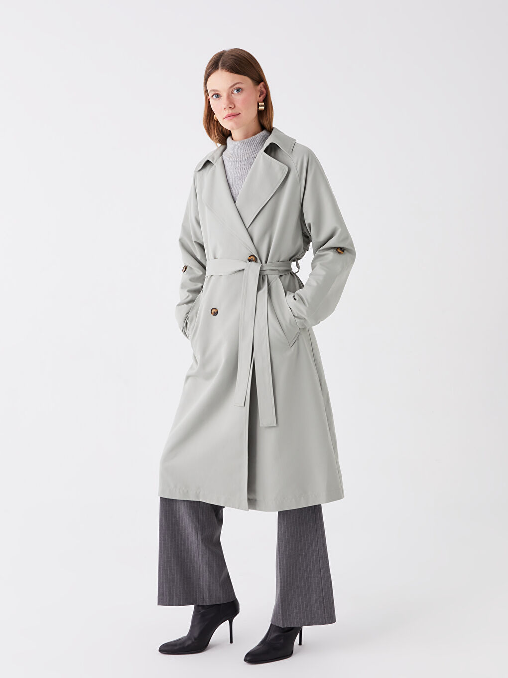 Women's Jacket Collar Plain Trench Coat -S4AJ95Z8-GBN