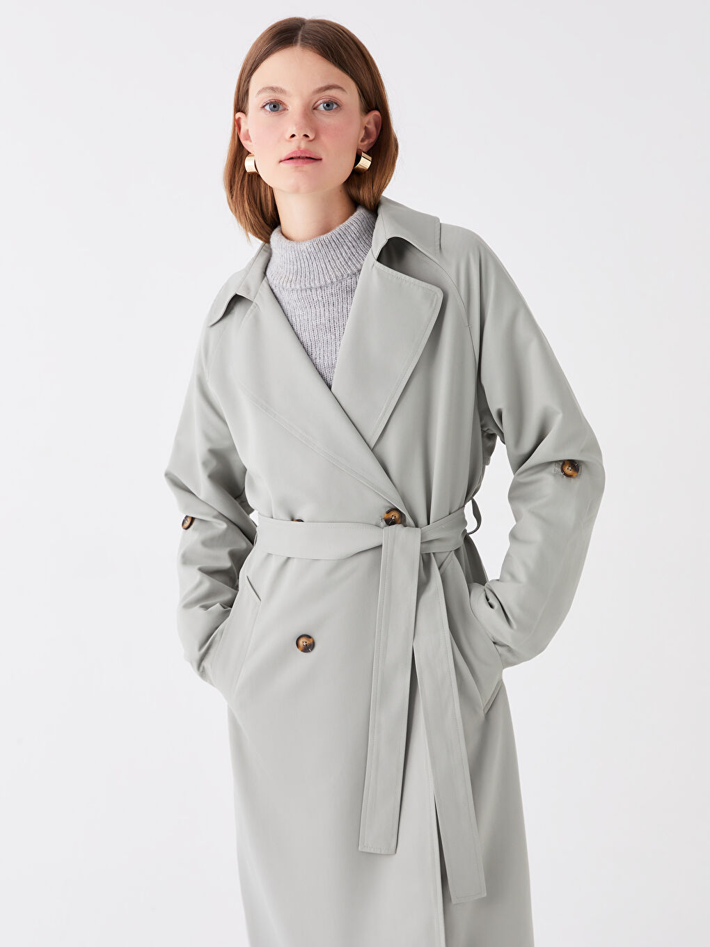 Women's Jacket Collar Plain Trench Coat -S4AJ95Z8-GBN