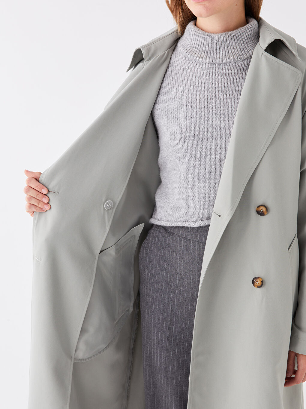 Women's Jacket Collar Plain Trench Coat -S4AJ95Z8-GBN
