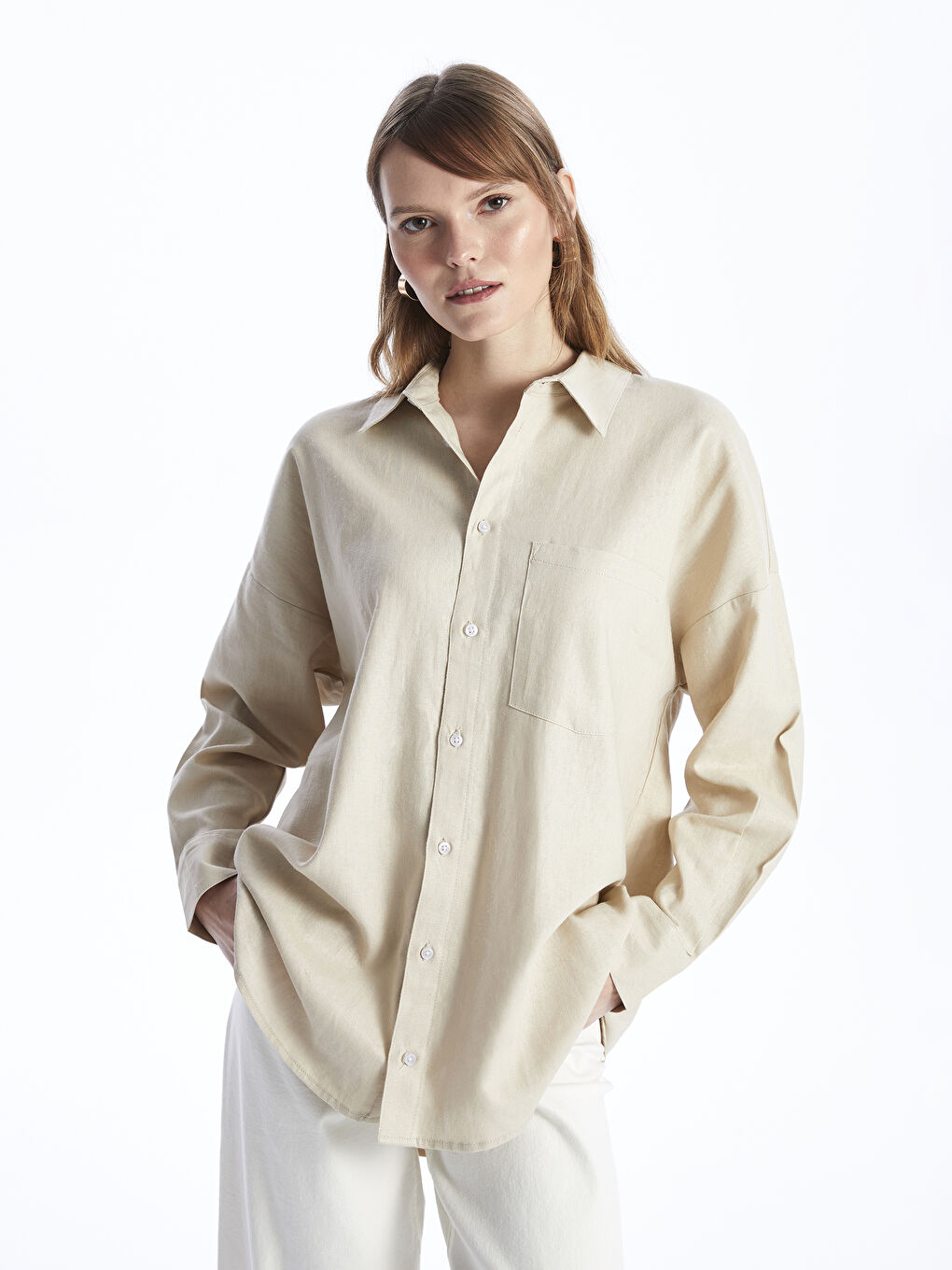 قميص سادة كم طويل واسع خليط كتان للسيدات