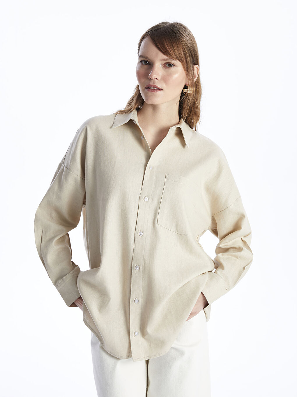 قميص سادة كم طويل واسع خليط كتان للسيدات-1