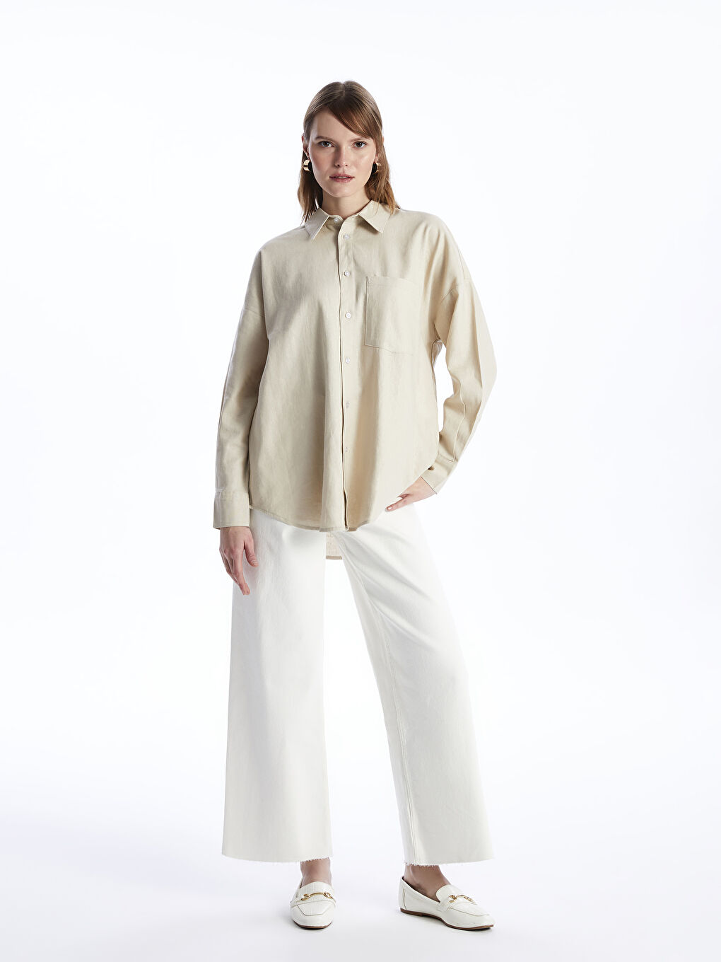 قميص سادة كم طويل واسع خليط كتان للسيدات-2