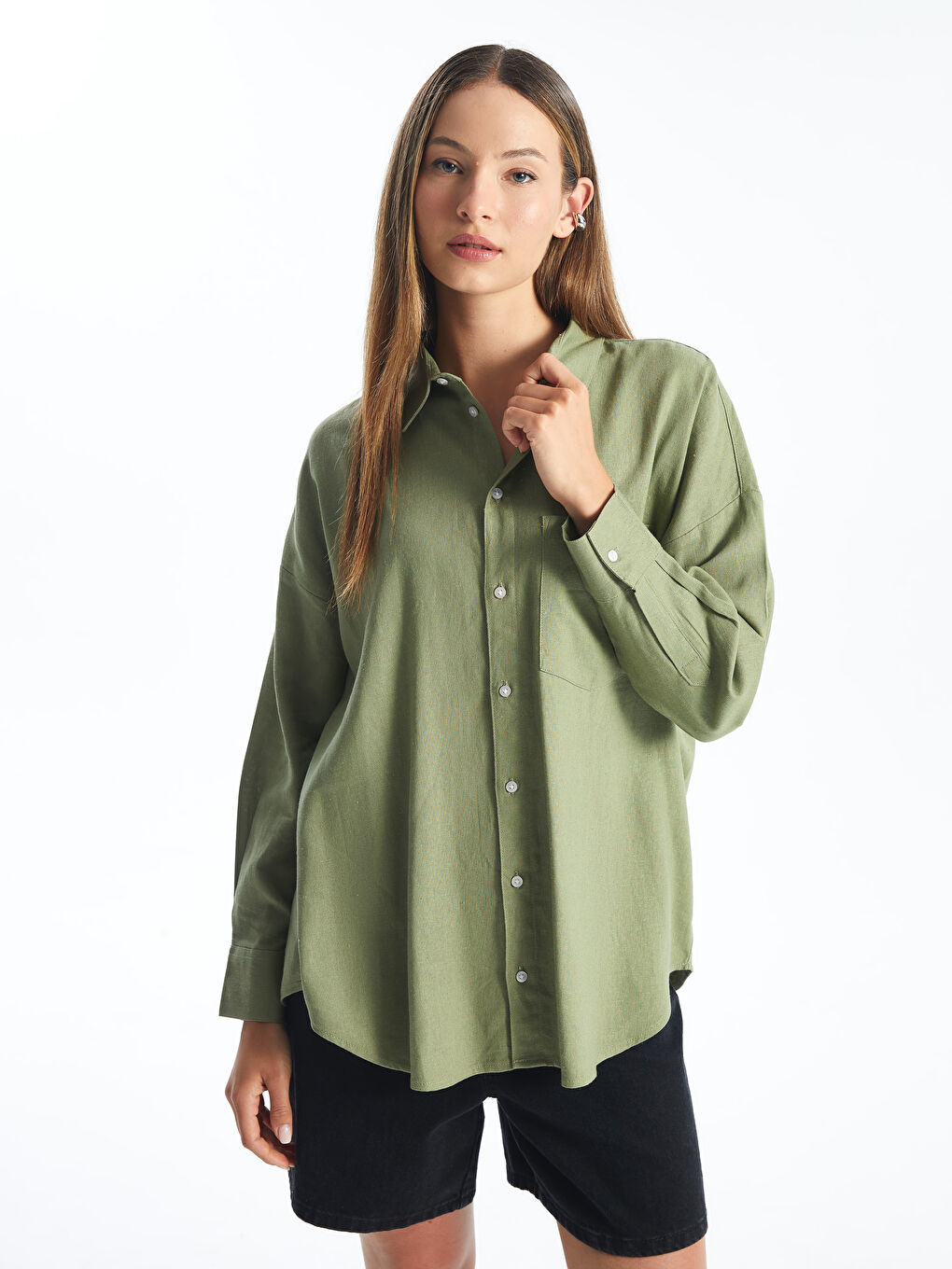 قميص سادة كم طويل واسع خليط كتان للسيدات