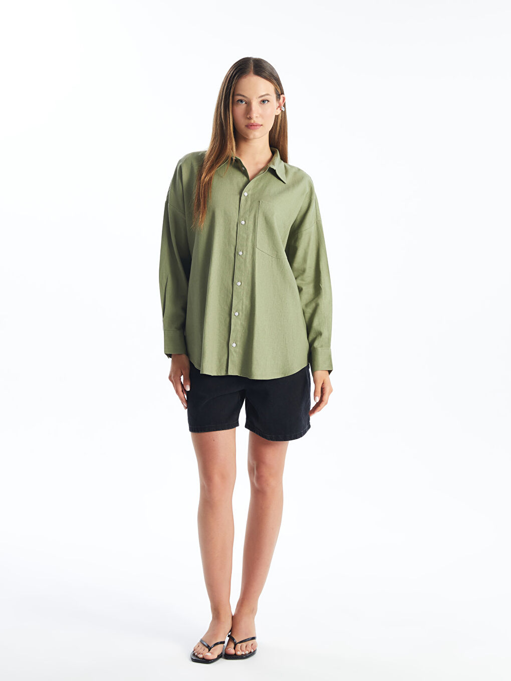 قميص سادة كم طويل واسع خليط كتان للسيدات-1