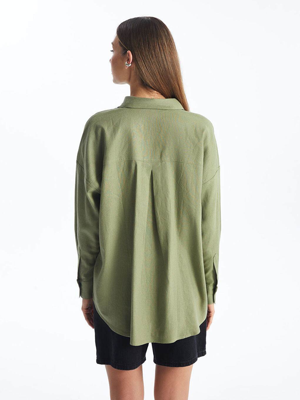 قميص سادة كم طويل واسع خليط كتان للسيدات-4