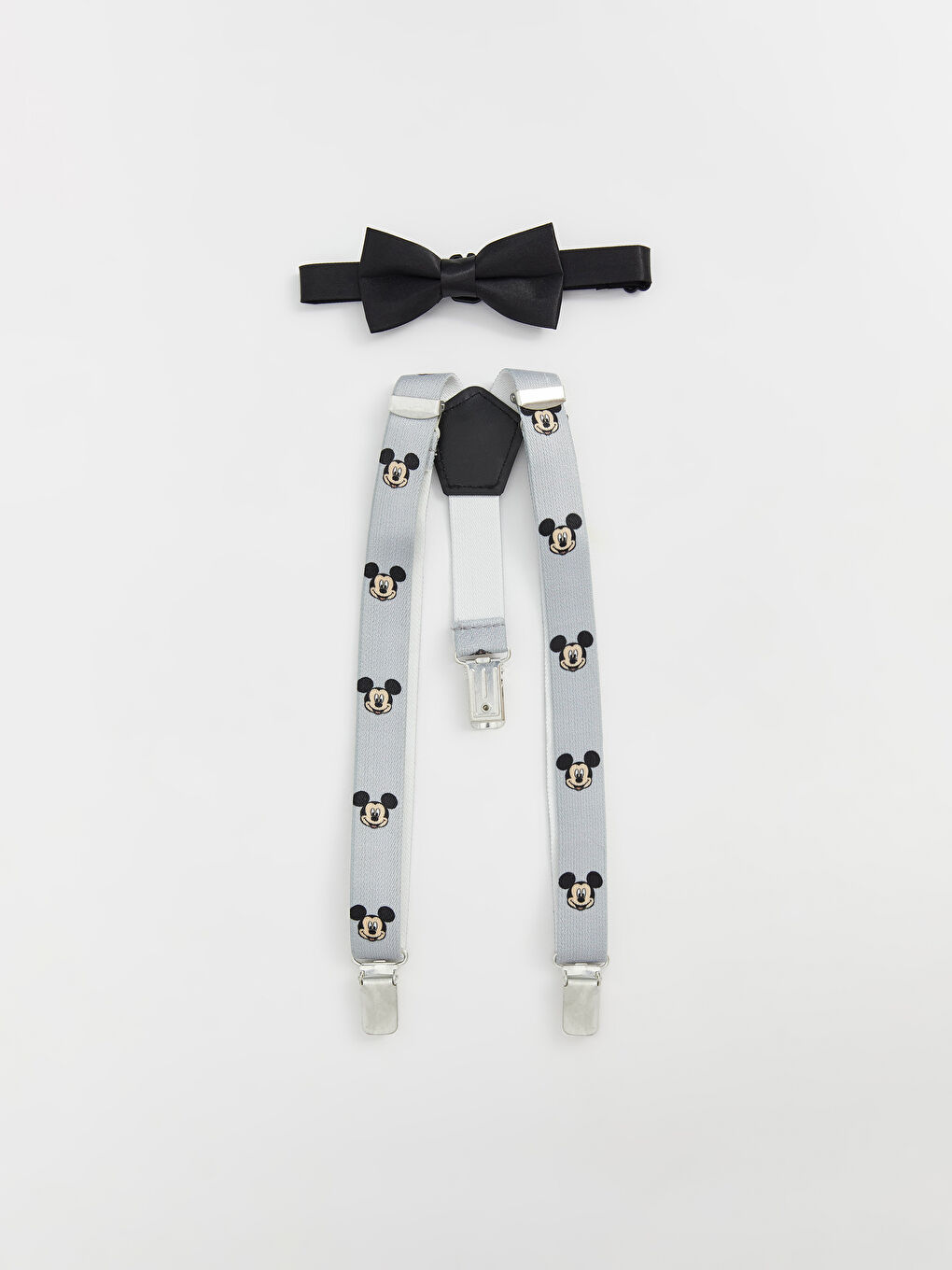 Gri Mickey Mouse Baskılı Erkek Bebek Pantolon Askısı ve Papyon 2'li Takım