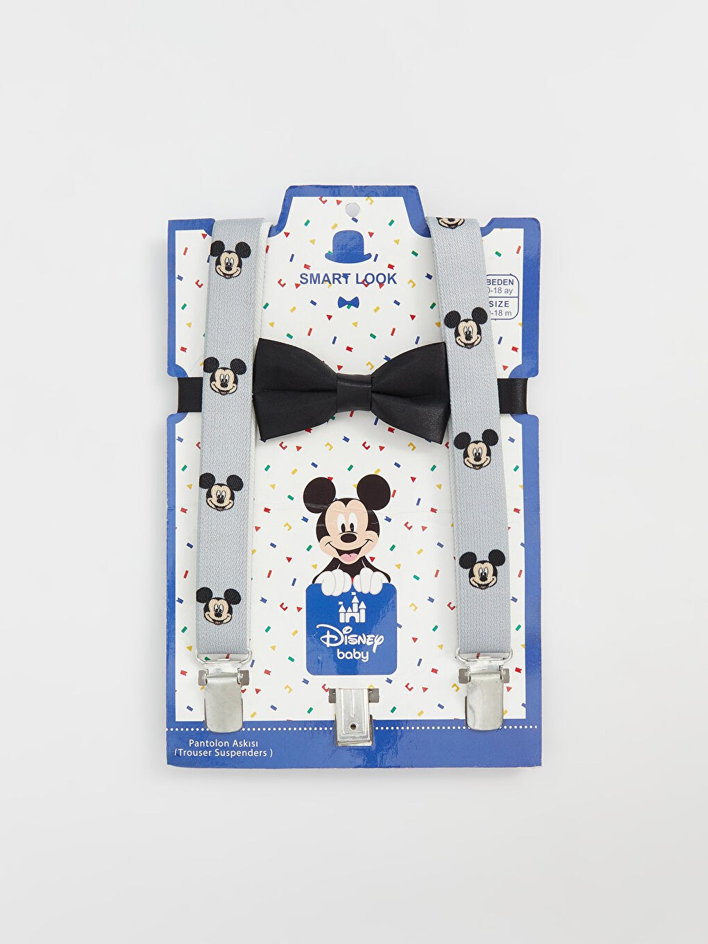 Gri Mickey Mouse Baskılı Erkek Bebek Pantolon Askısı ve Papyon 2'li Takım-1
