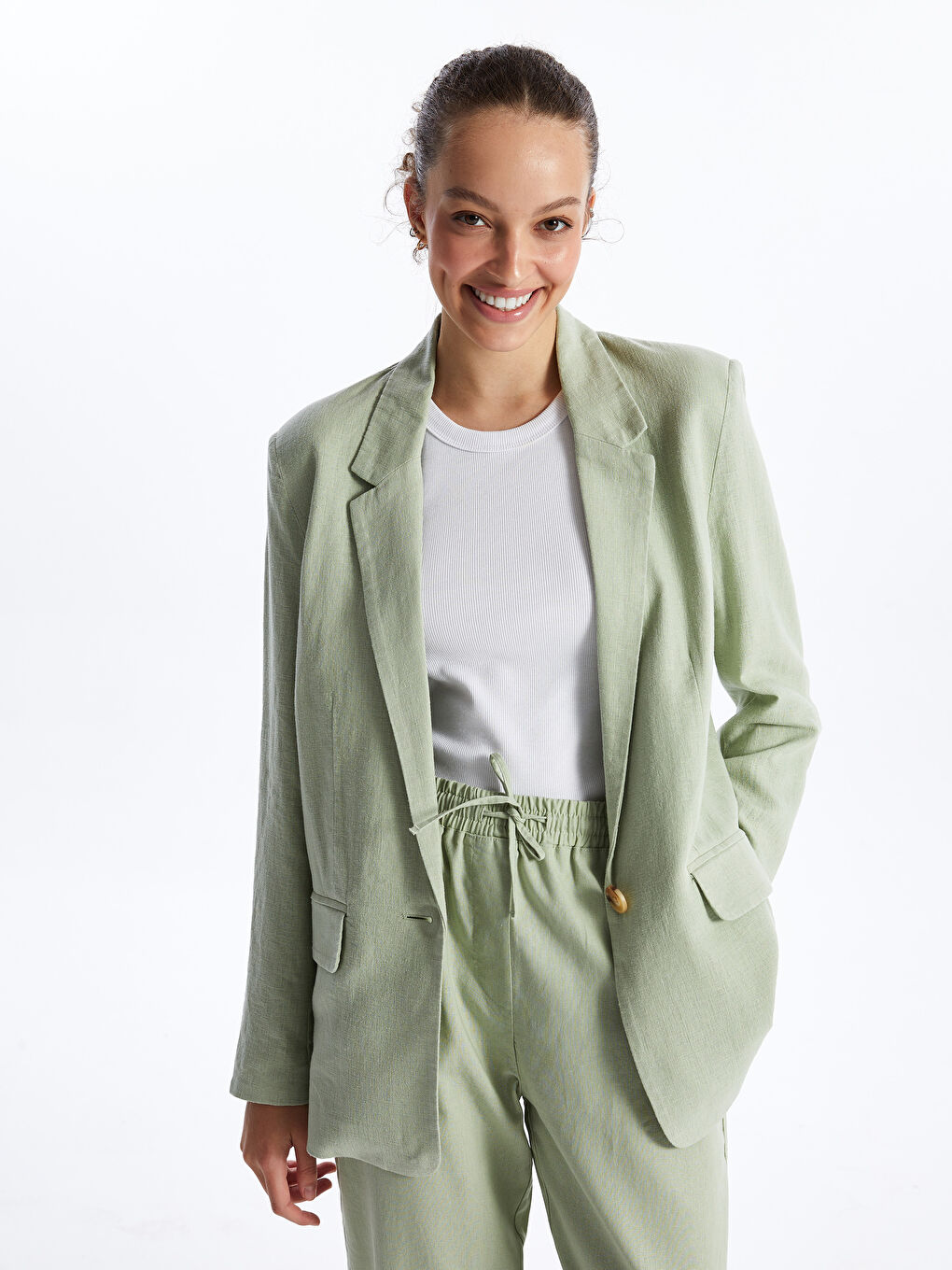 Plain Long Sleeve Linen Blend Women's Blazer Jacket