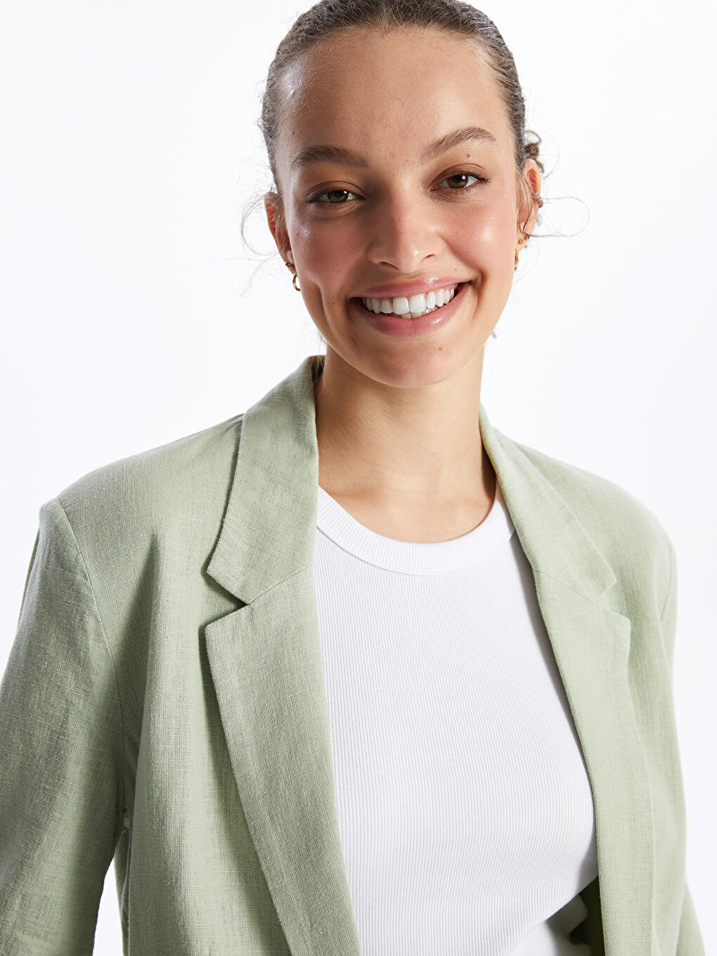 Plain Long Sleeve Linen Blend Women's Blazer Jacket-1