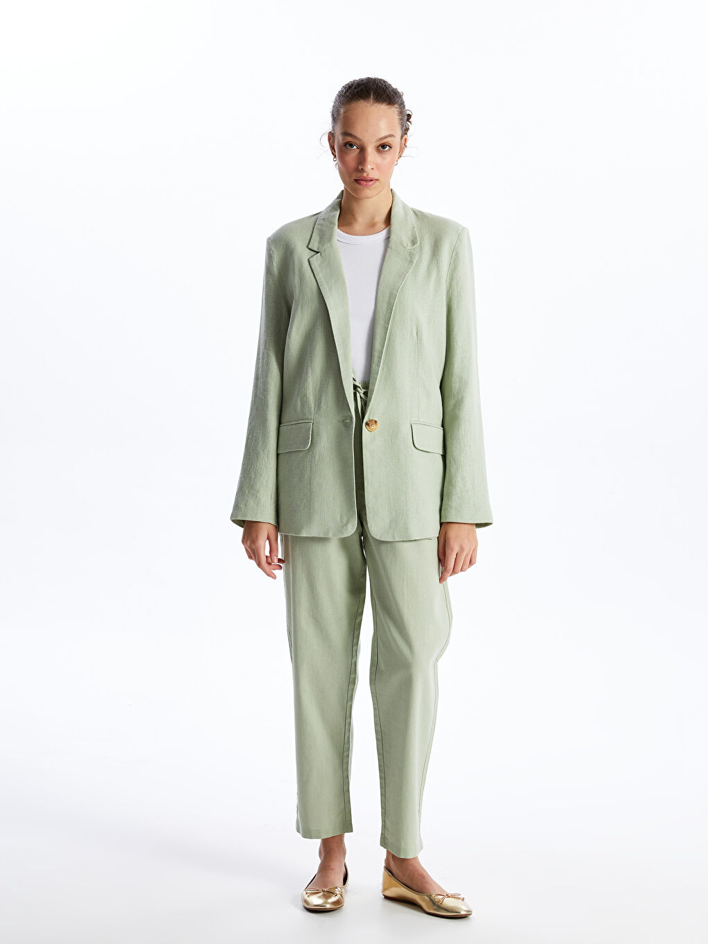 Plain Long Sleeve Linen Blend Women's Blazer Jacket-2